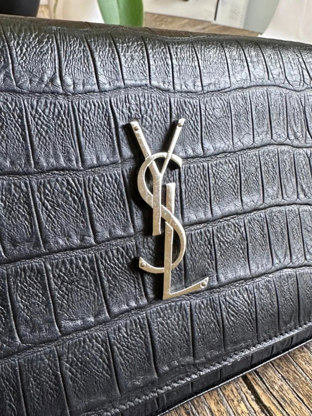 Saint Laurent YSL Monogram Croc Embossed Wallet on Chain WOC Black Leather